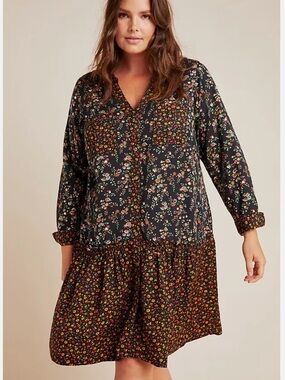 Anthropologie Plus Size 16W Marlie Button Front Tunic Floral Long Sleeve Dress